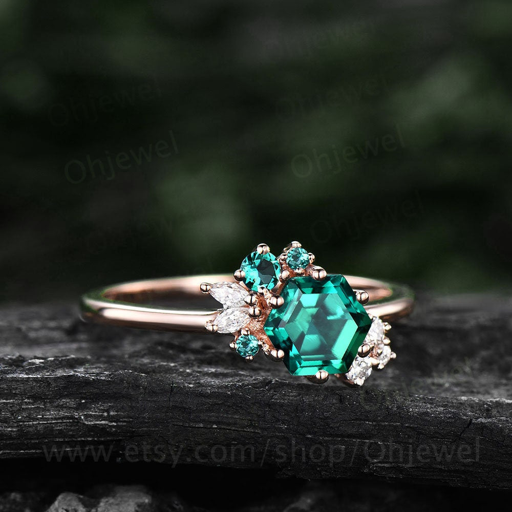 Hexagon cut emerald ring gold silver for women cluster vintage unique emerald engagement ring art deco moissanite bridal wedding ring gifts