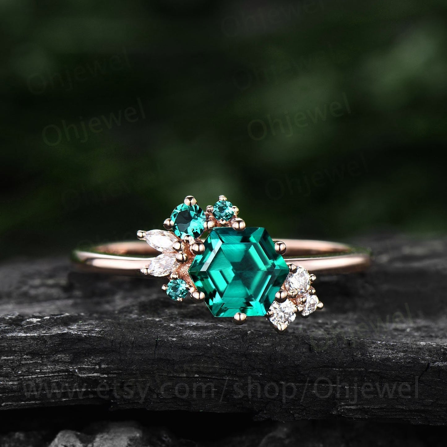 Hexagon cut emerald ring gold silver for women cluster vintage unique emerald engagement ring art deco moissanite bridal wedding ring gifts