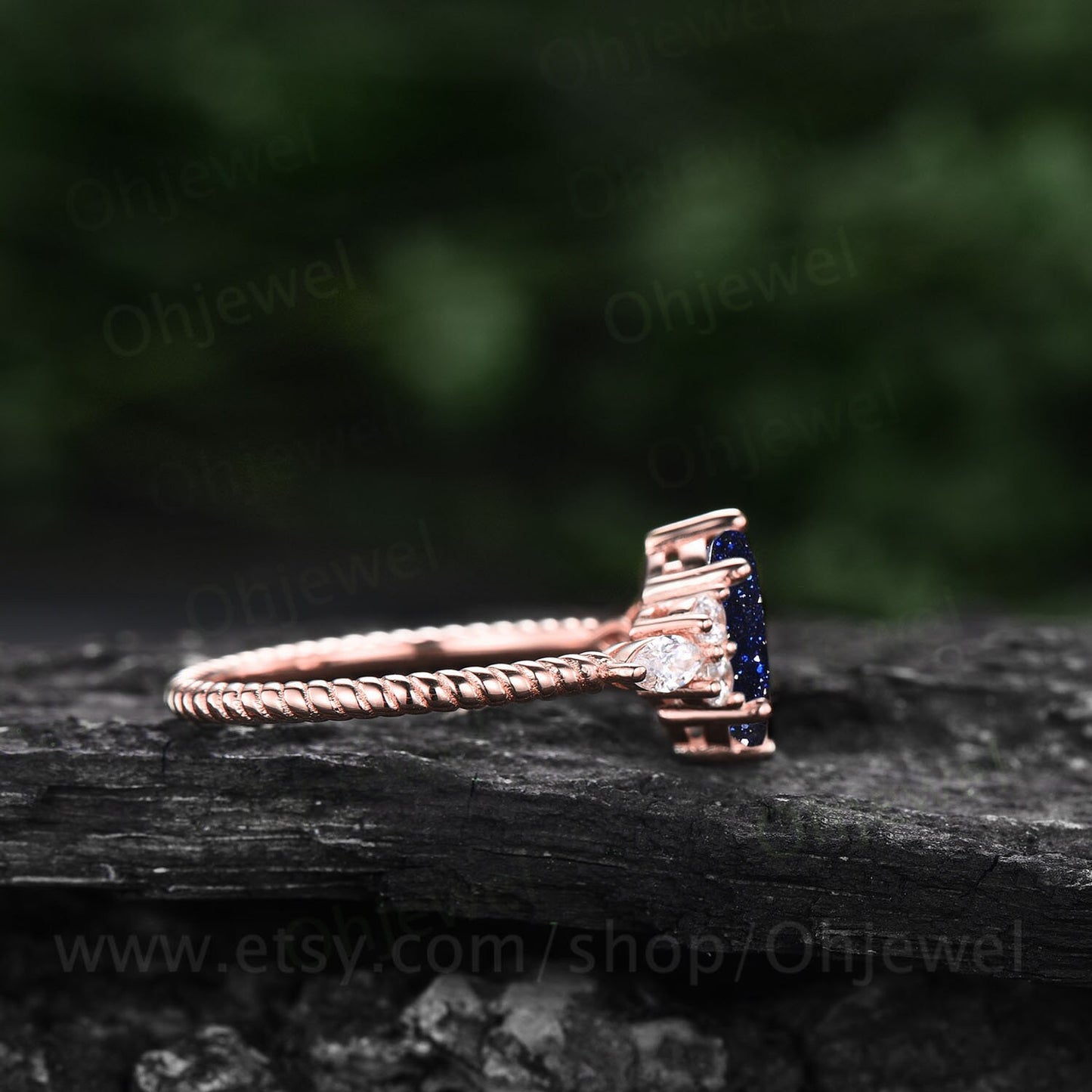 Oval cut blue sandstone engagement ring rose gold art deco vintage unique engagement ring marquise diamond twisted wedding ring for women