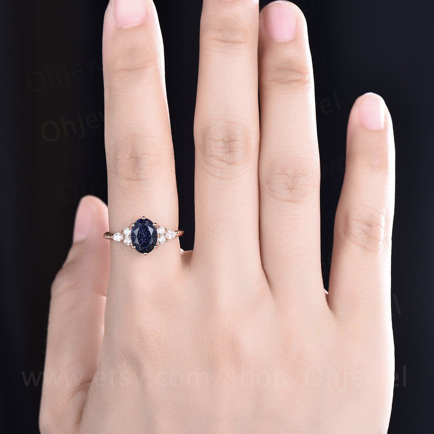 Oval cut blue sandstone engagement ring rose gold art deco vintage unique engagement ring marquise diamond twisted wedding ring for women