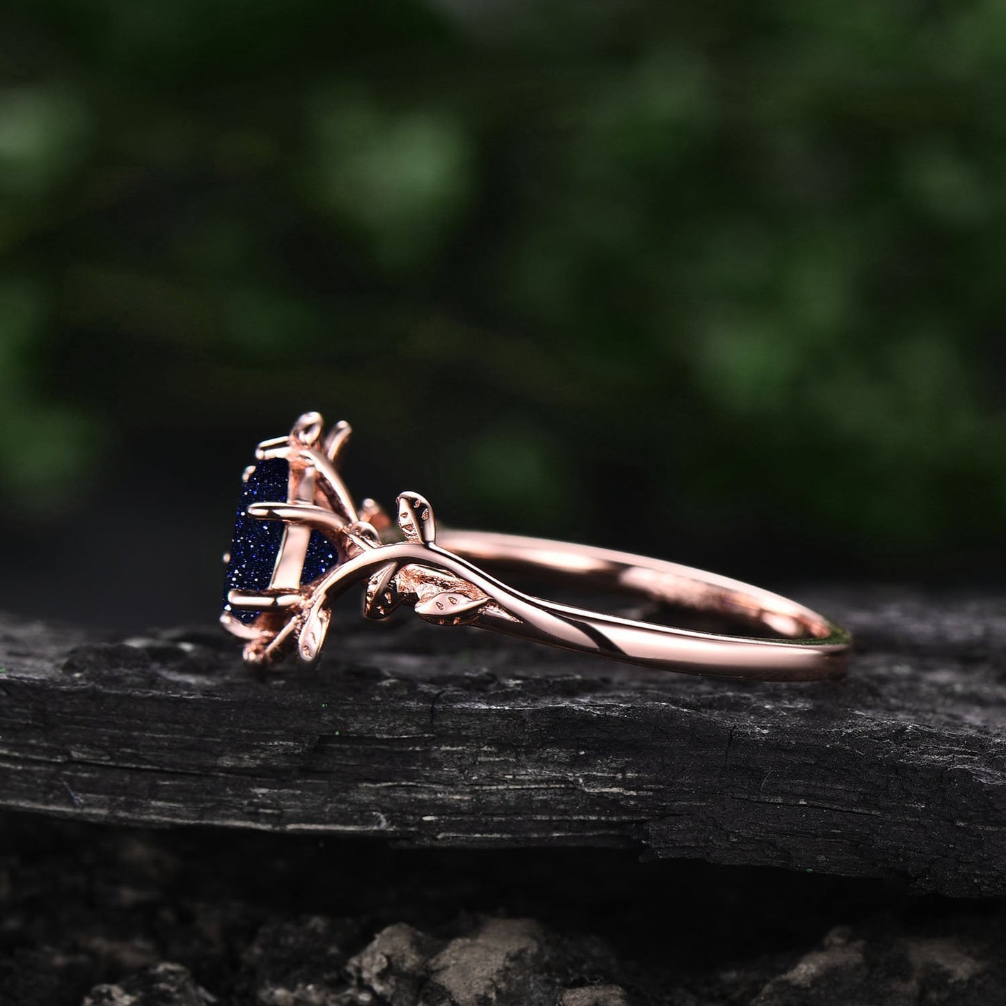 Hexagon blue sandstone engagement ring leaf flower rose gold silver unique vintage solitaire engagement ring bridal wedding ring for women