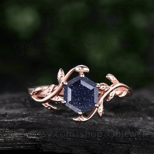 Hexagon blue sandstone engagement ring leaf flower rose gold silver unique vintage solitaire engagement ring bridal wedding ring for women
