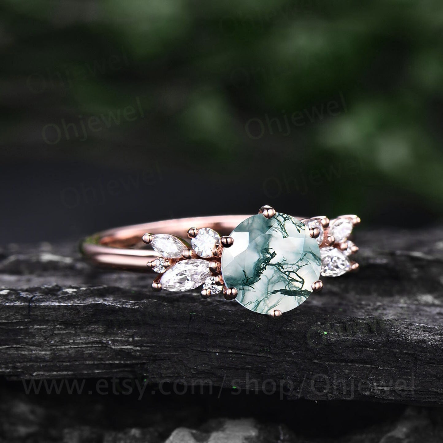 Round cut moss agate ring vintage unique cluster green moss agate engagement ring 14k rose gold marquise cut diamond wedding ring for women