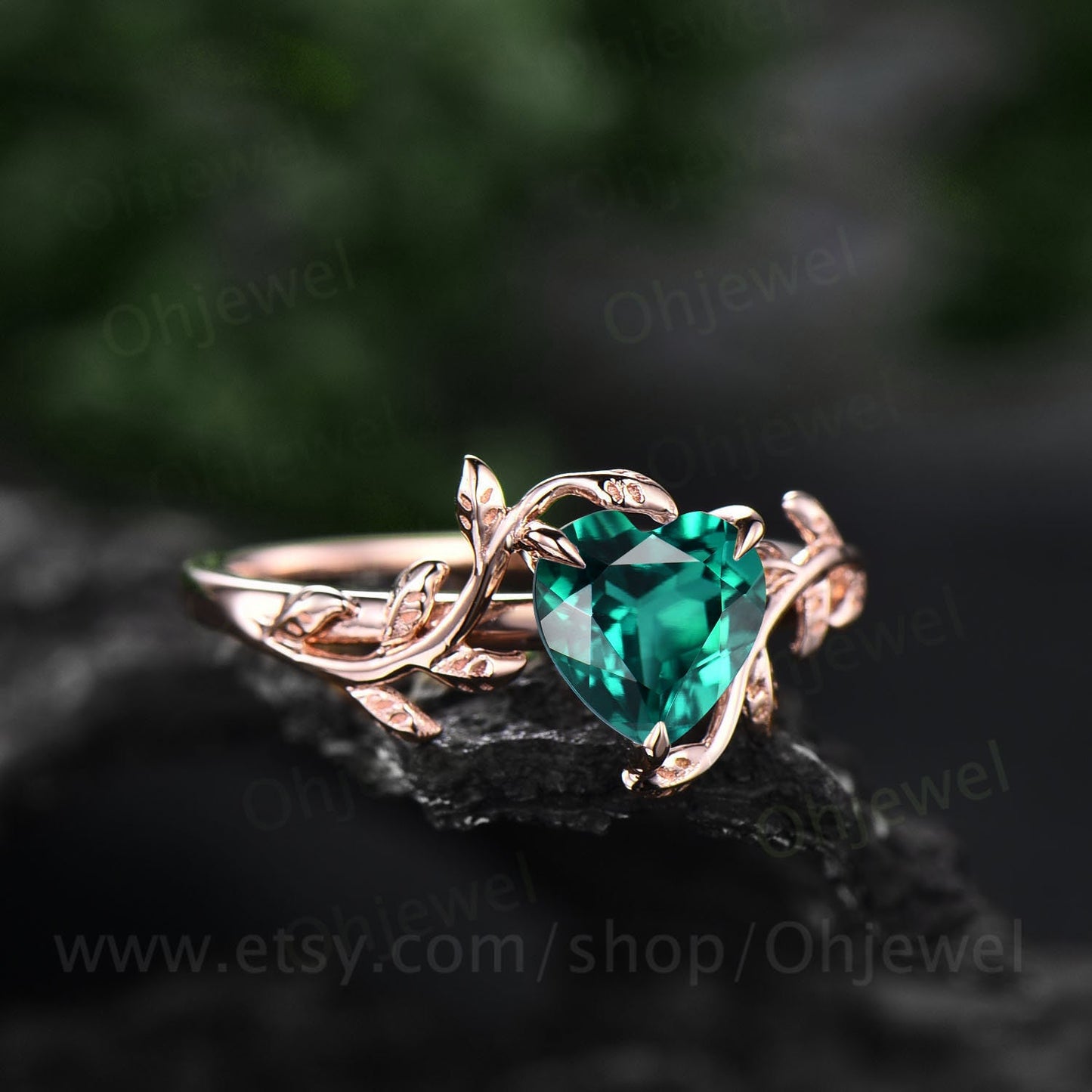 Heart shaped green emerald engagement ring leaf flower 14k rose gold silver unique vintage solitaire engagement ring wedding ring for women