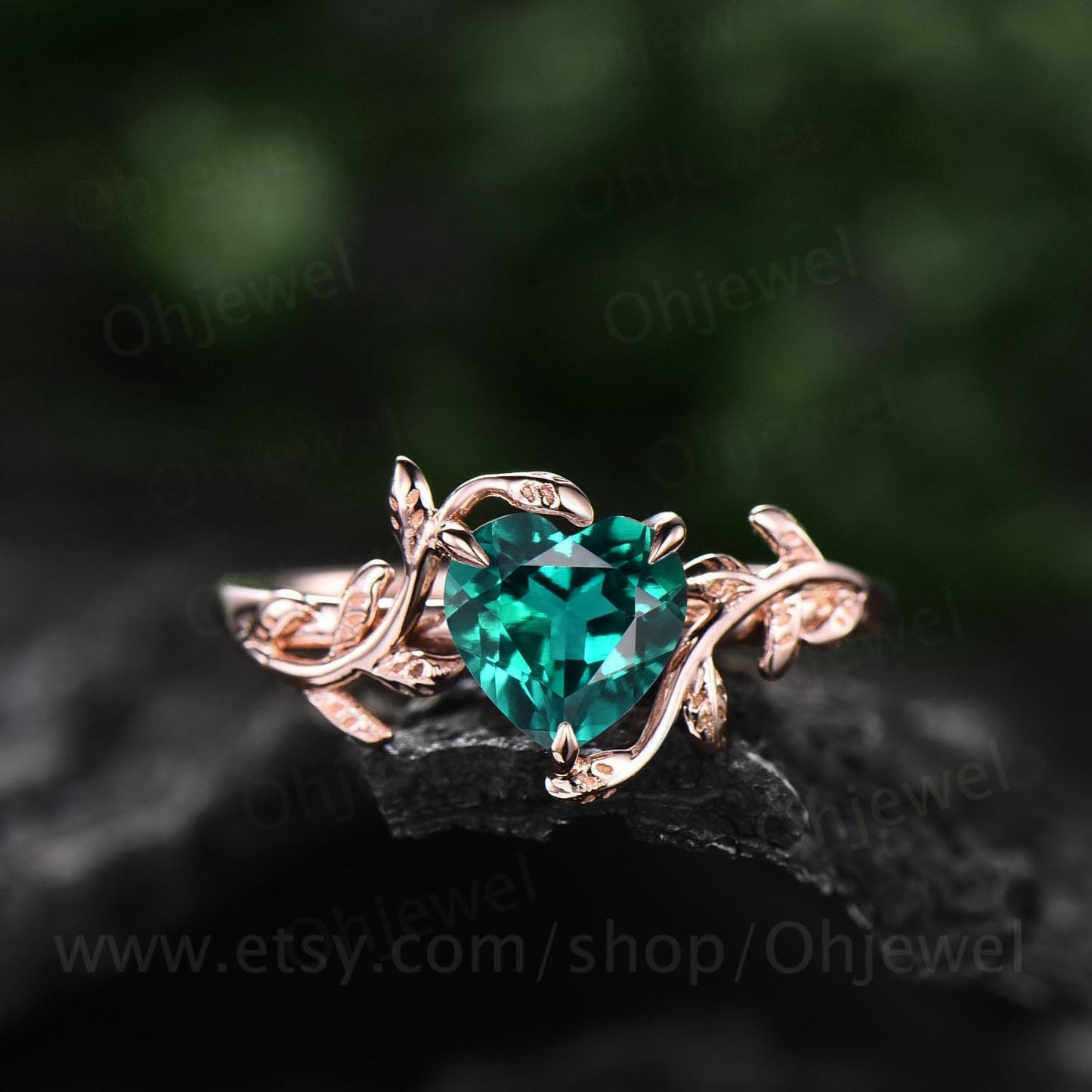 Heart shaped green emerald engagement ring leaf flower 14k rose gold silver unique vintage solitaire engagement ring wedding ring for women