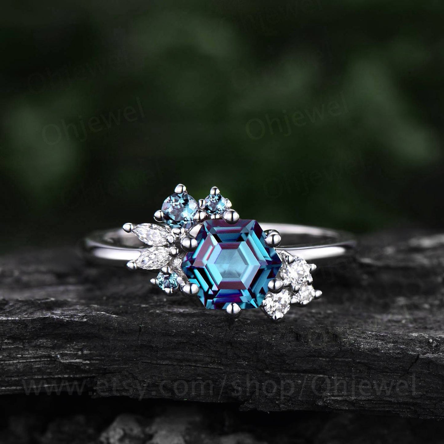 Hexagon cut Alexandrite ring gold silver for women vintage unique Alexandrite engagement ring cluster art deco moissanite bridal ring gifts