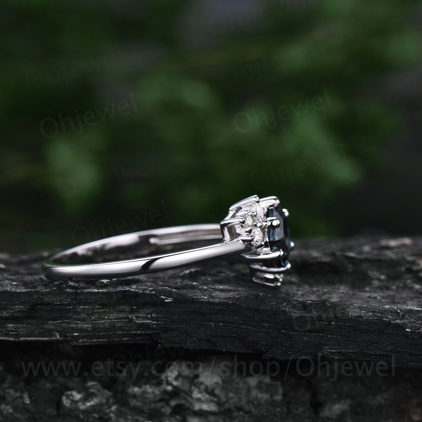 Hexagon cut Alexandrite ring for women vintage unique cluster Alexandrite engagement ring white gold silver art deco moissanite wedding ring