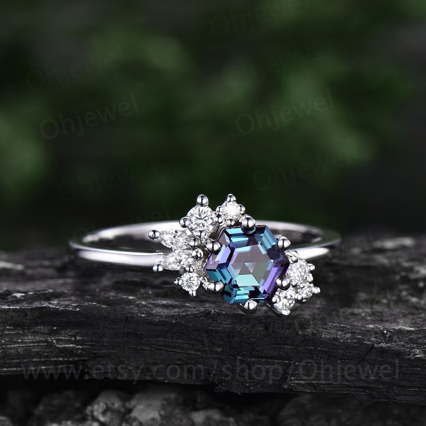 Hexagon cut Alexandrite ring for women vintage unique cluster Alexandrite engagement ring white gold silver art deco moissanite wedding ring