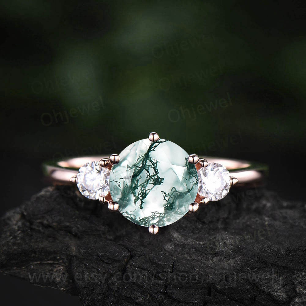 Round moss agate ring set vintage moss agate engagement ring set rose gold moissanite ring set three stone ring bridal ring set for women