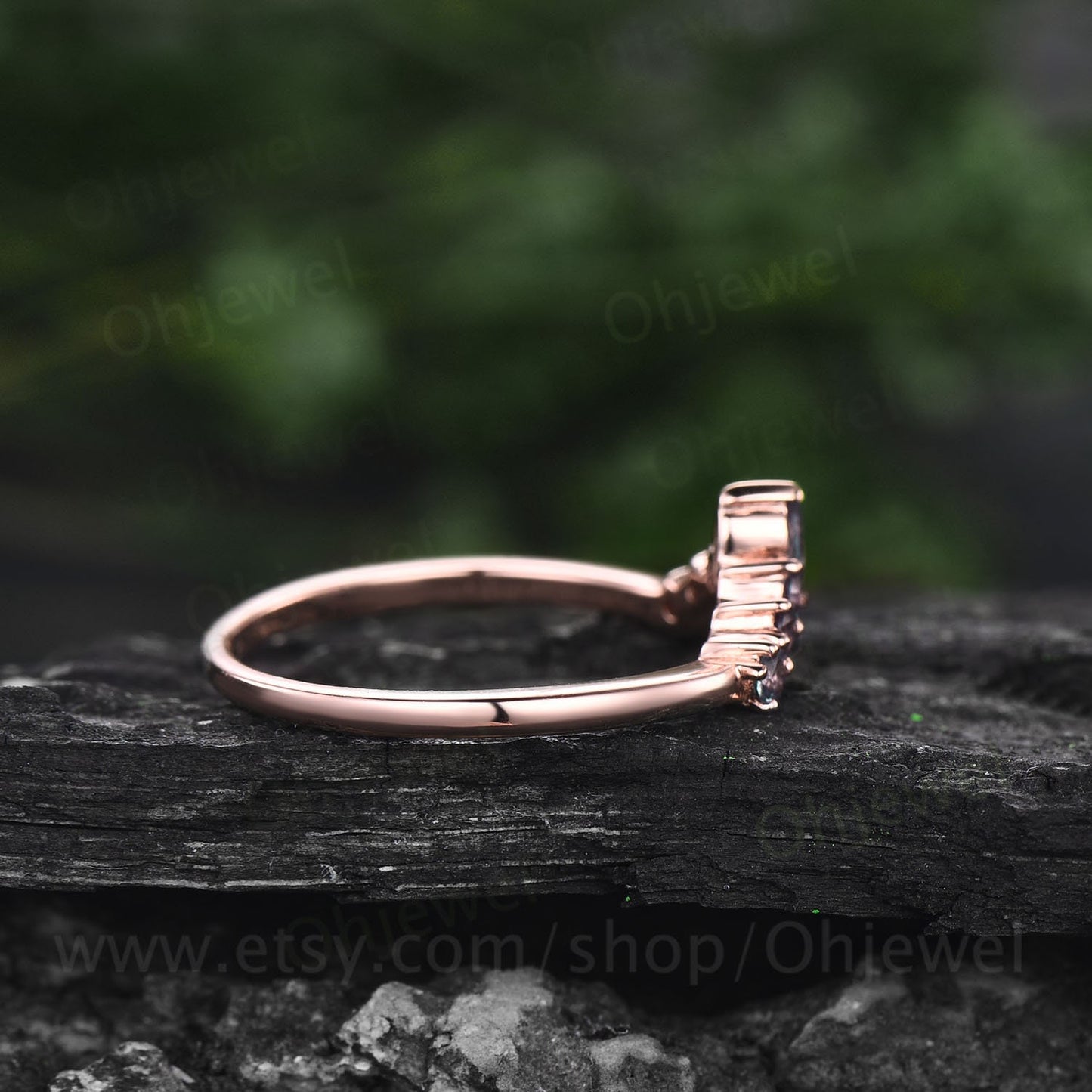 Marquise cut Alexandrite wedding band rose gold ring art deco curved wedding ring band June birthstone ring bridal anniversary ring women