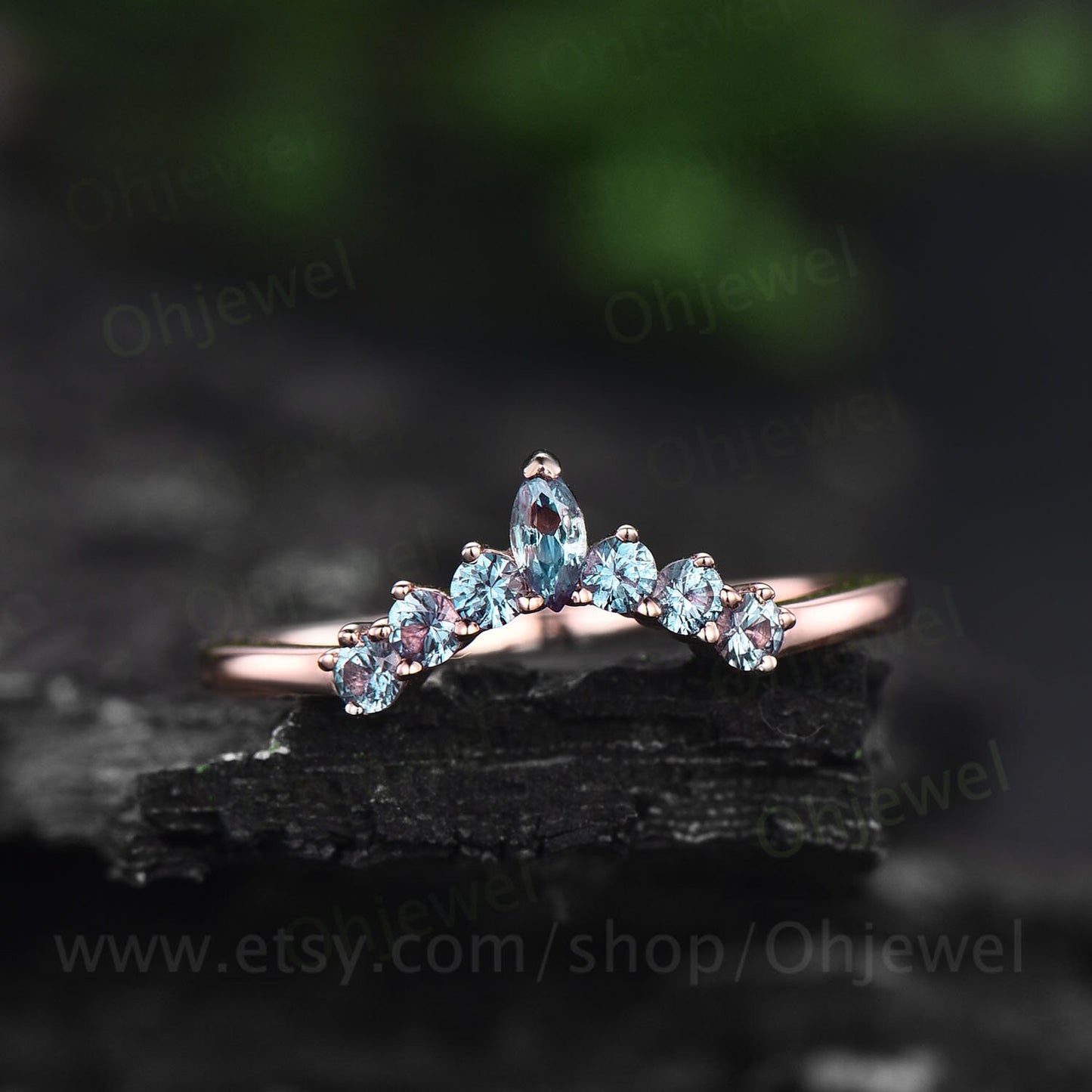 Marquise cut Alexandrite wedding band rose gold ring art deco curved wedding ring band June birthstone ring bridal anniversary ring women