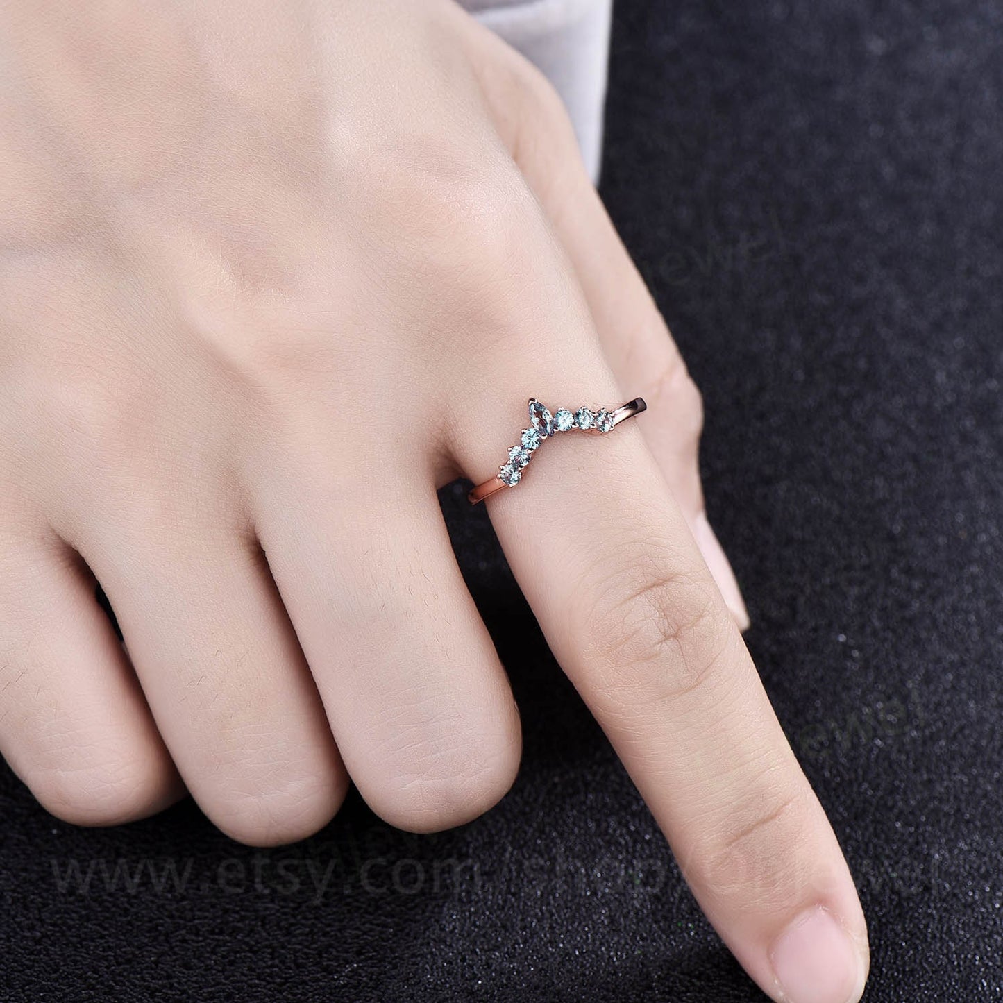 Marquise cut Alexandrite wedding band rose gold ring art deco curved wedding ring band June birthstone ring bridal anniversary ring women
