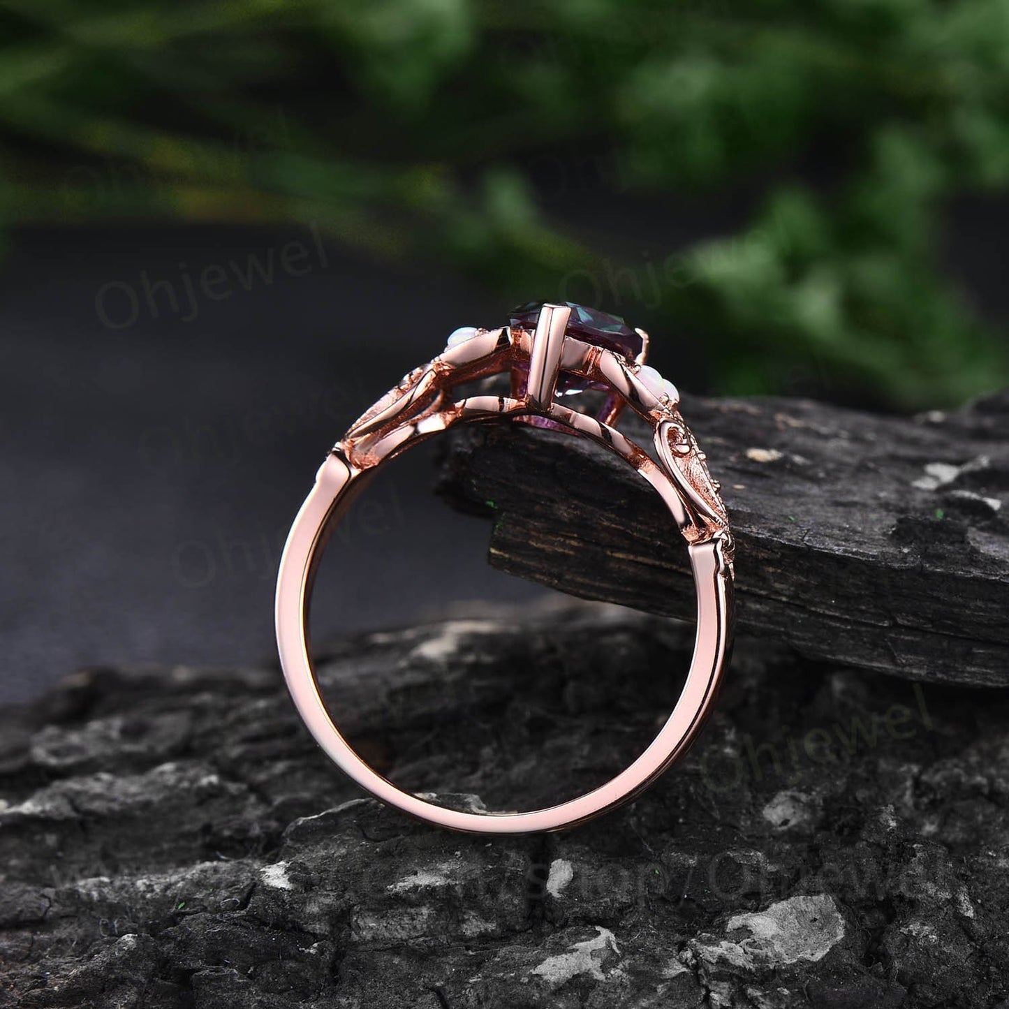 Vintage princess cut Alexandrite ring rose gold for women unique alternative Alexandrite engagement ring Butterfly opal diamond wedding ring