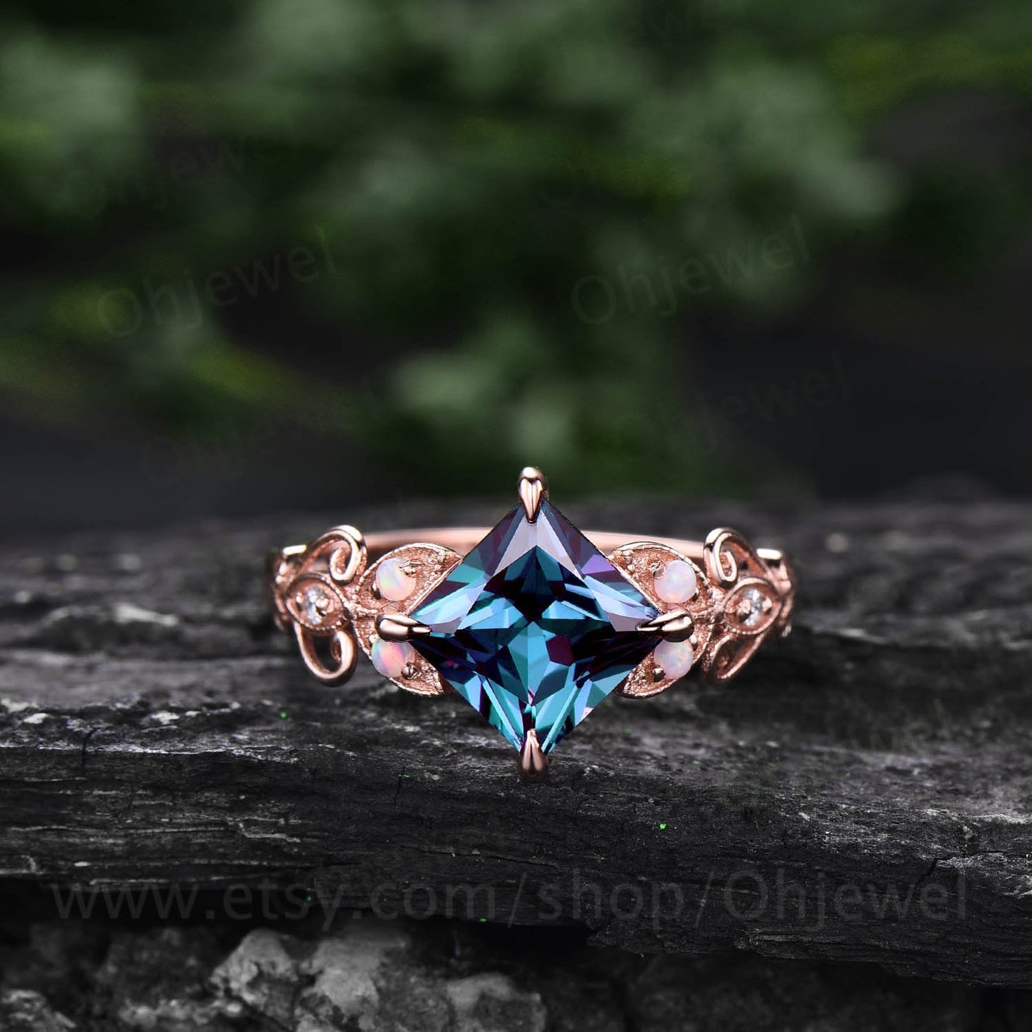 Vintage princess cut Alexandrite ring rose gold for women unique alternative Alexandrite engagement ring Butterfly opal diamond wedding ring