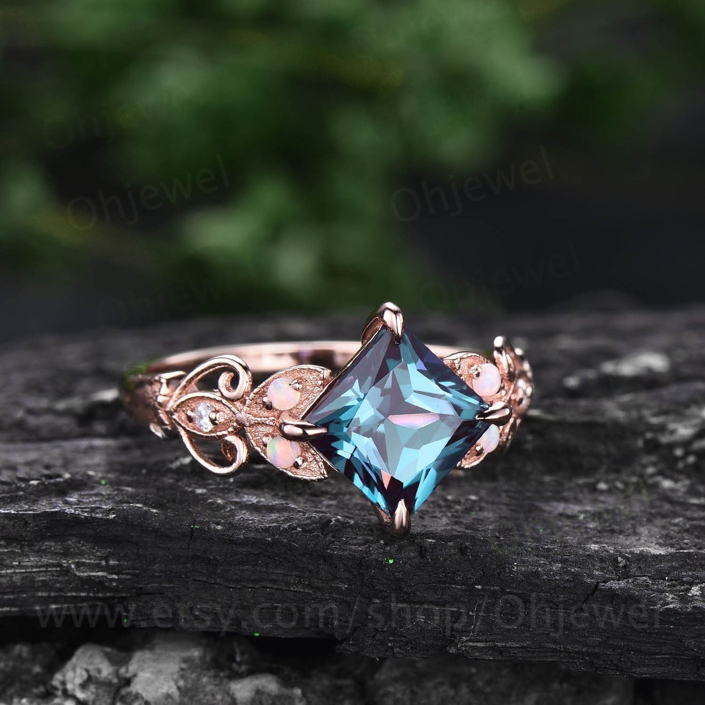 Vintage princess cut Alexandrite ring rose gold for women unique alternative Alexandrite engagement ring Butterfly opal diamond wedding ring