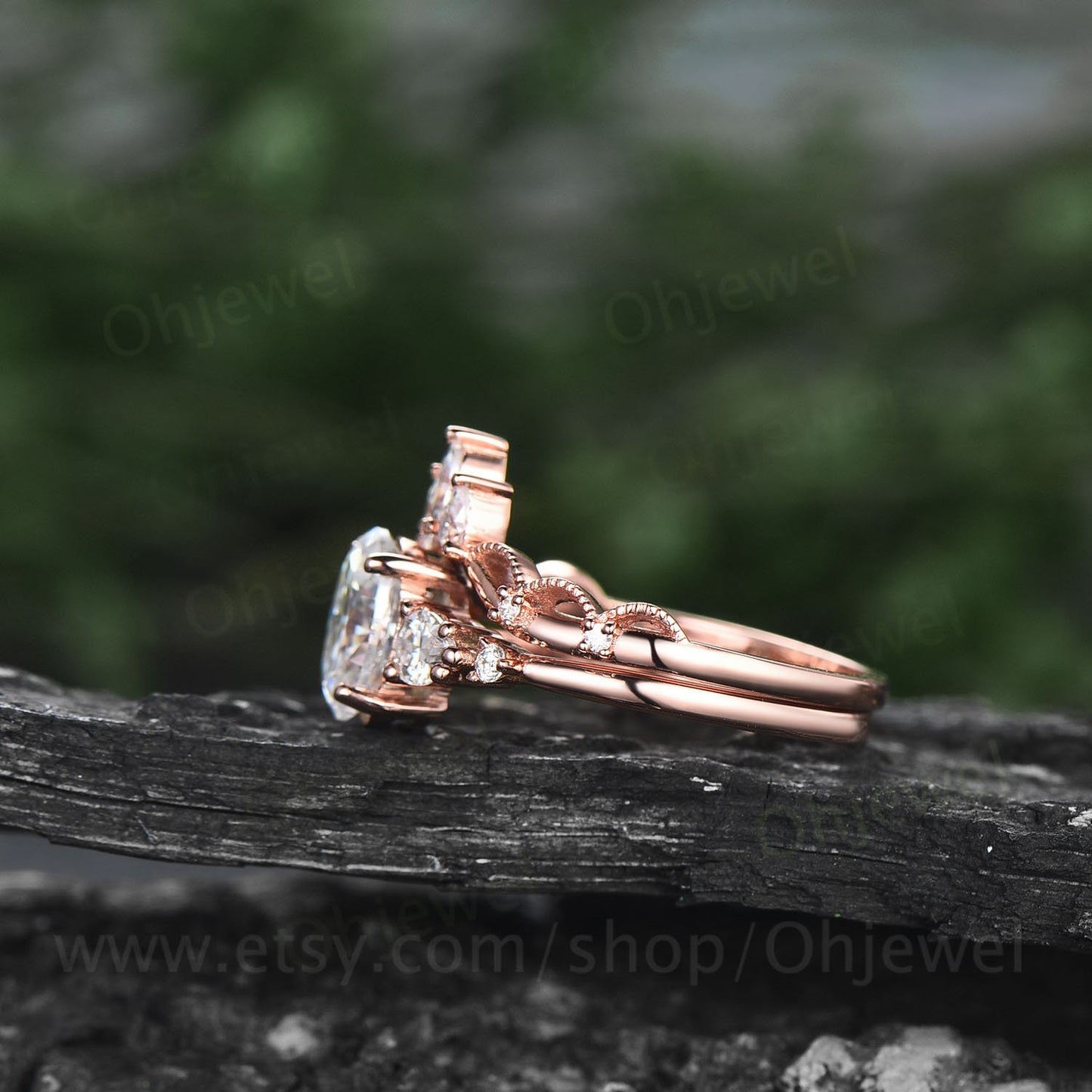 Vintage oval moissanite engagement ring set five stone rose gold alternative unique engagement ring Minimalist crown wedding ring set women