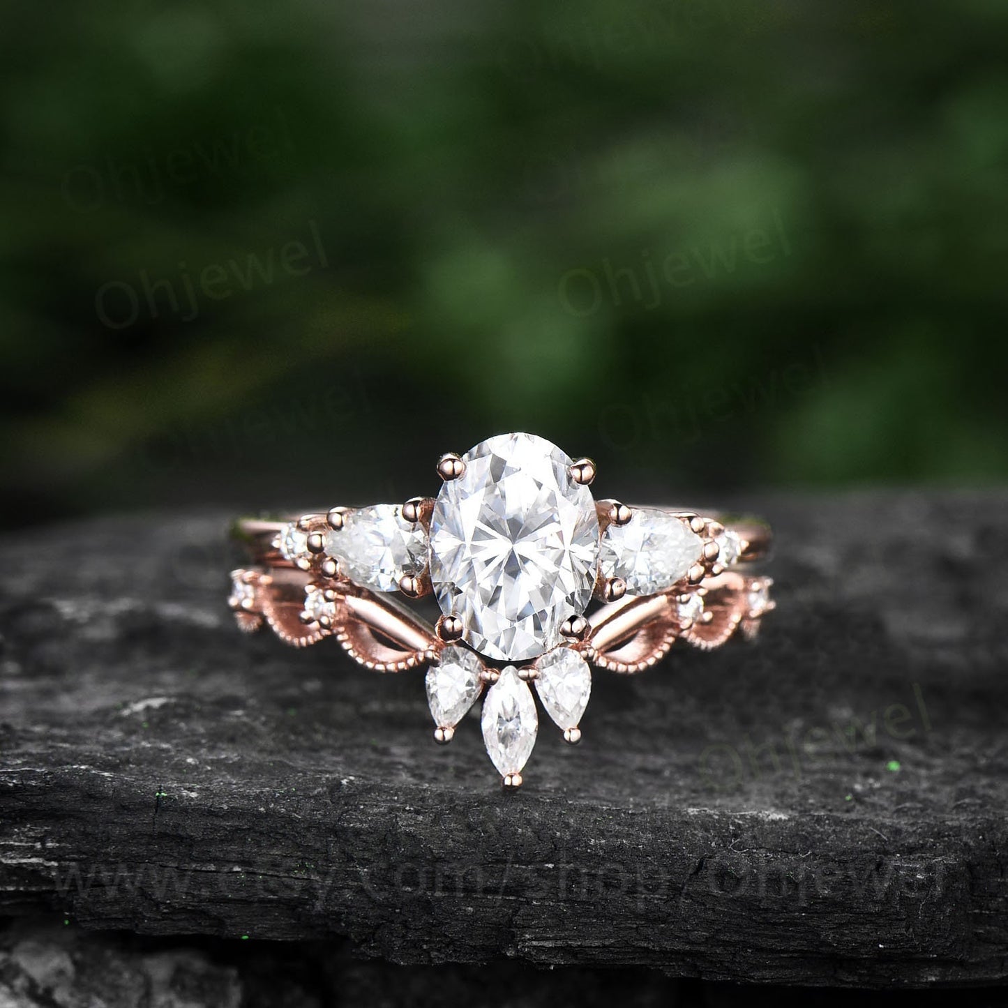 Vintage oval moissanite engagement ring set five stone rose gold alternative unique engagement ring Minimalist crown wedding ring set women