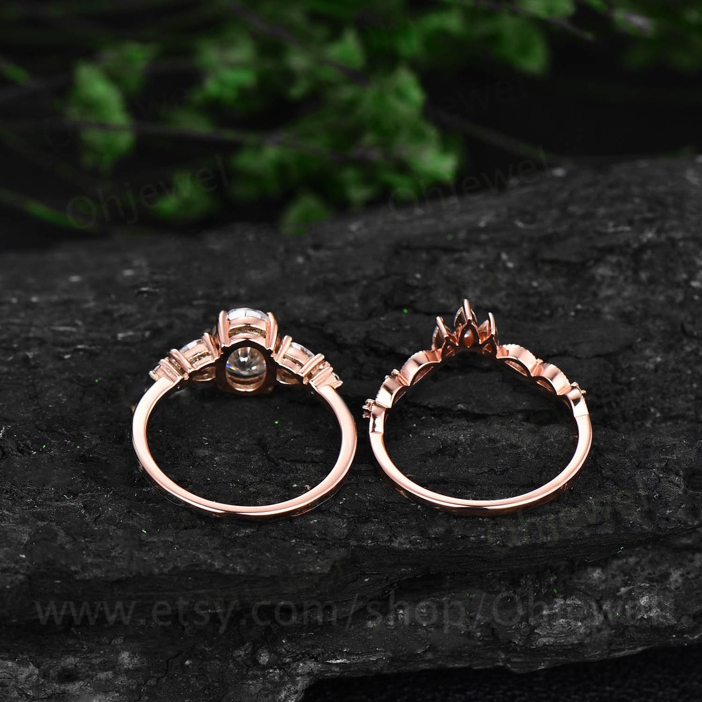 Vintage oval moissanite engagement ring set five stone rose gold alternative unique engagement ring Minimalist crown wedding ring set women