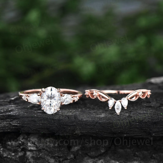 Vintage oval moissanite engagement ring set five stone rose gold alternative unique engagement ring Minimalist crown wedding ring set women