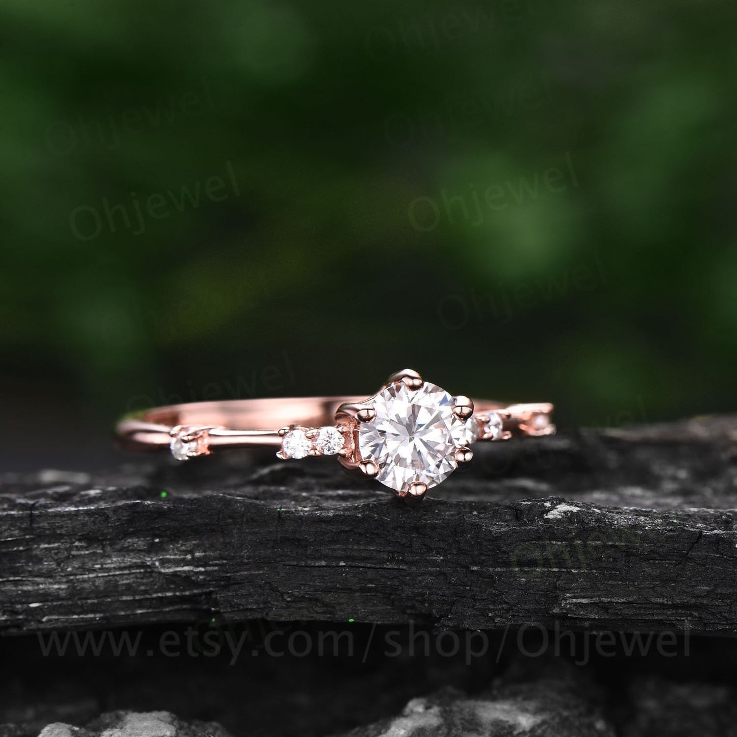 Dainty round cut moissanite ring gold vintage unique moissanite engagement ring 14k rose gold 7 stone diamond bridal wedding ring for women