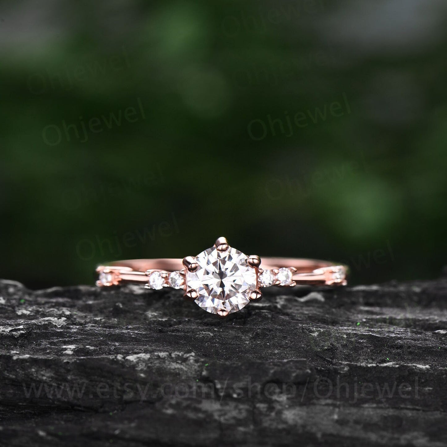 Dainty round cut moissanite ring gold vintage unique moissanite engagement ring 14k rose gold 7 stone diamond bridal wedding ring for women