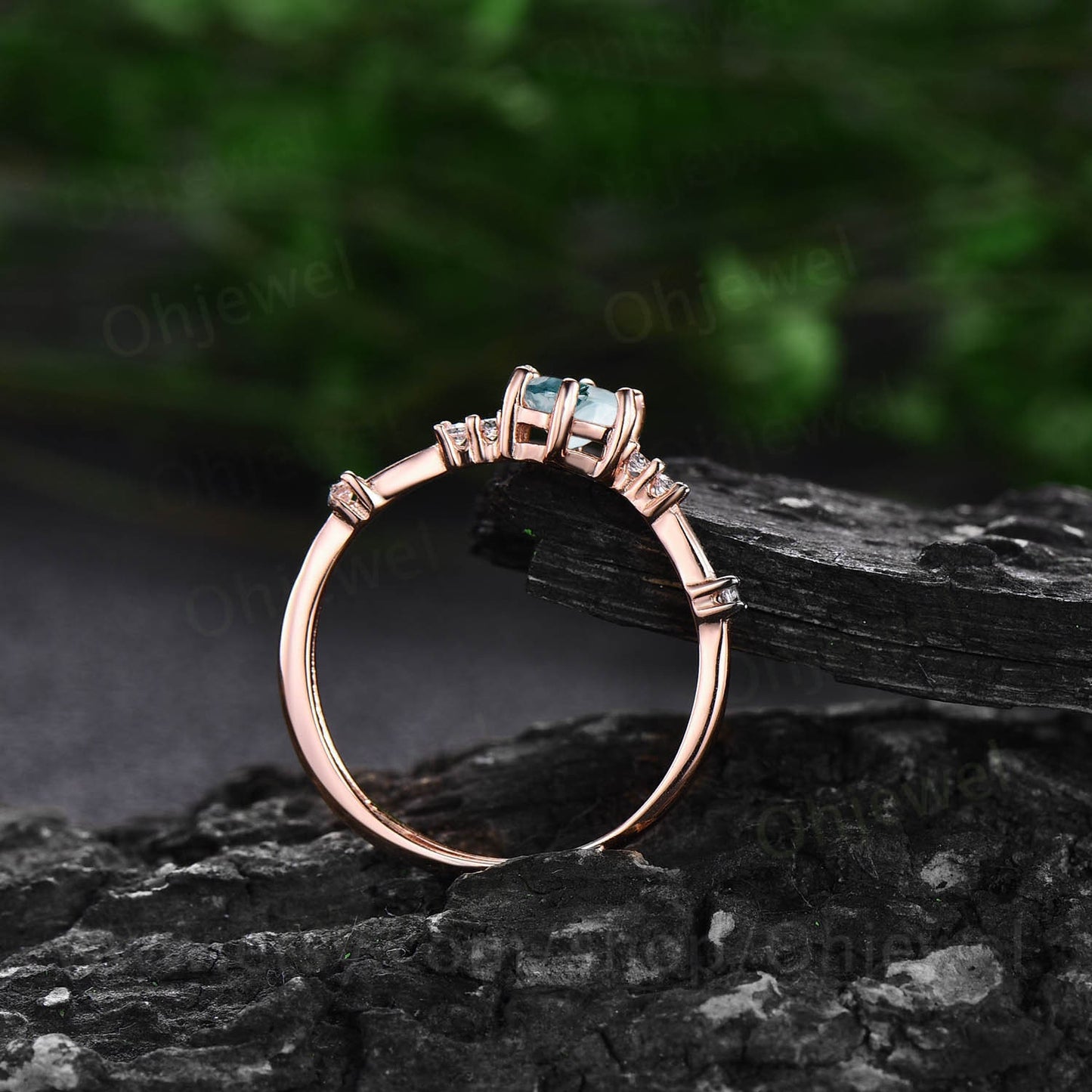 Dainty round cut moss agate ring gold vintage unique green moss agate engagement ring 14k rose gold six prong diamond wedding ring for women