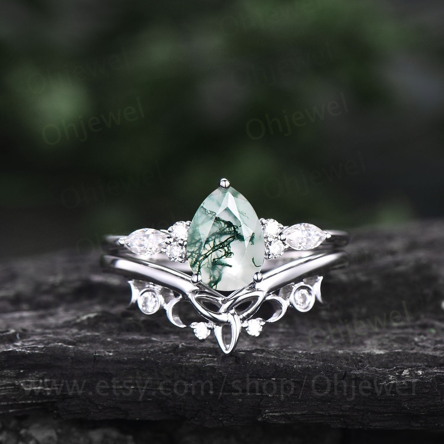 Emerald Vintage Style Engagement Rings Pear Shaped Moss Agate