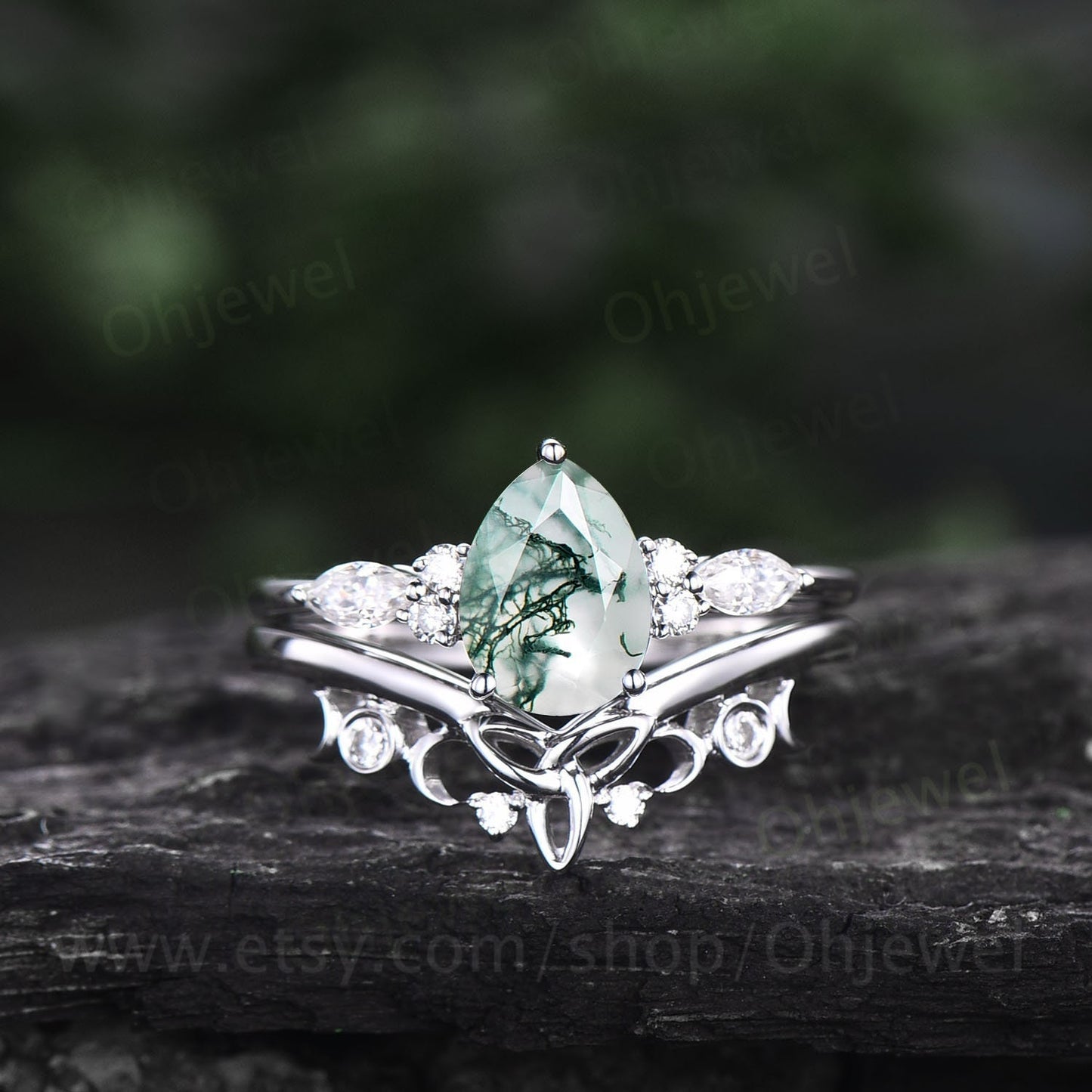 Pear shaped moss agate engagement ring set white gold vintage style marquise moissanite engagement ring for women norse viking ring Jewelry