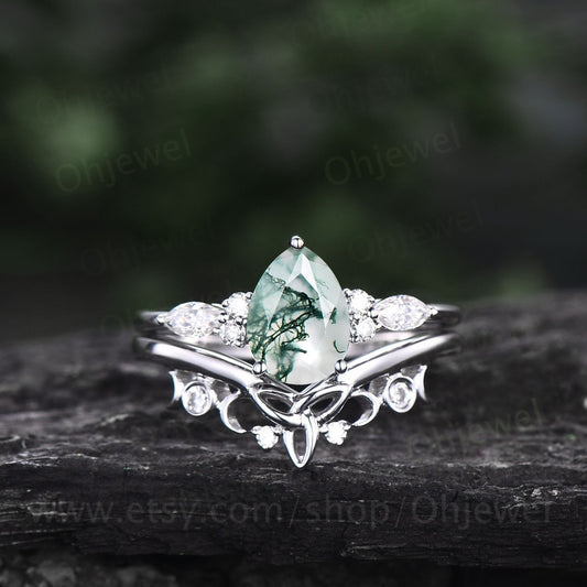 Pear shaped moss agate engagement ring set white gold vintage style marquise moissanite engagement ring for women norse viking ring Jewelry