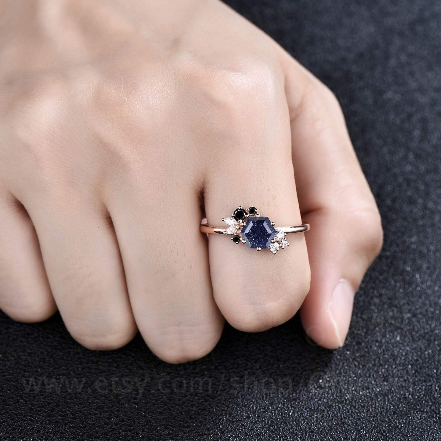 Hexagon cut blue sandstone ring gold silver for women vintage unique cluster blue sandstone engagement ring art deco moissanite wedding ring