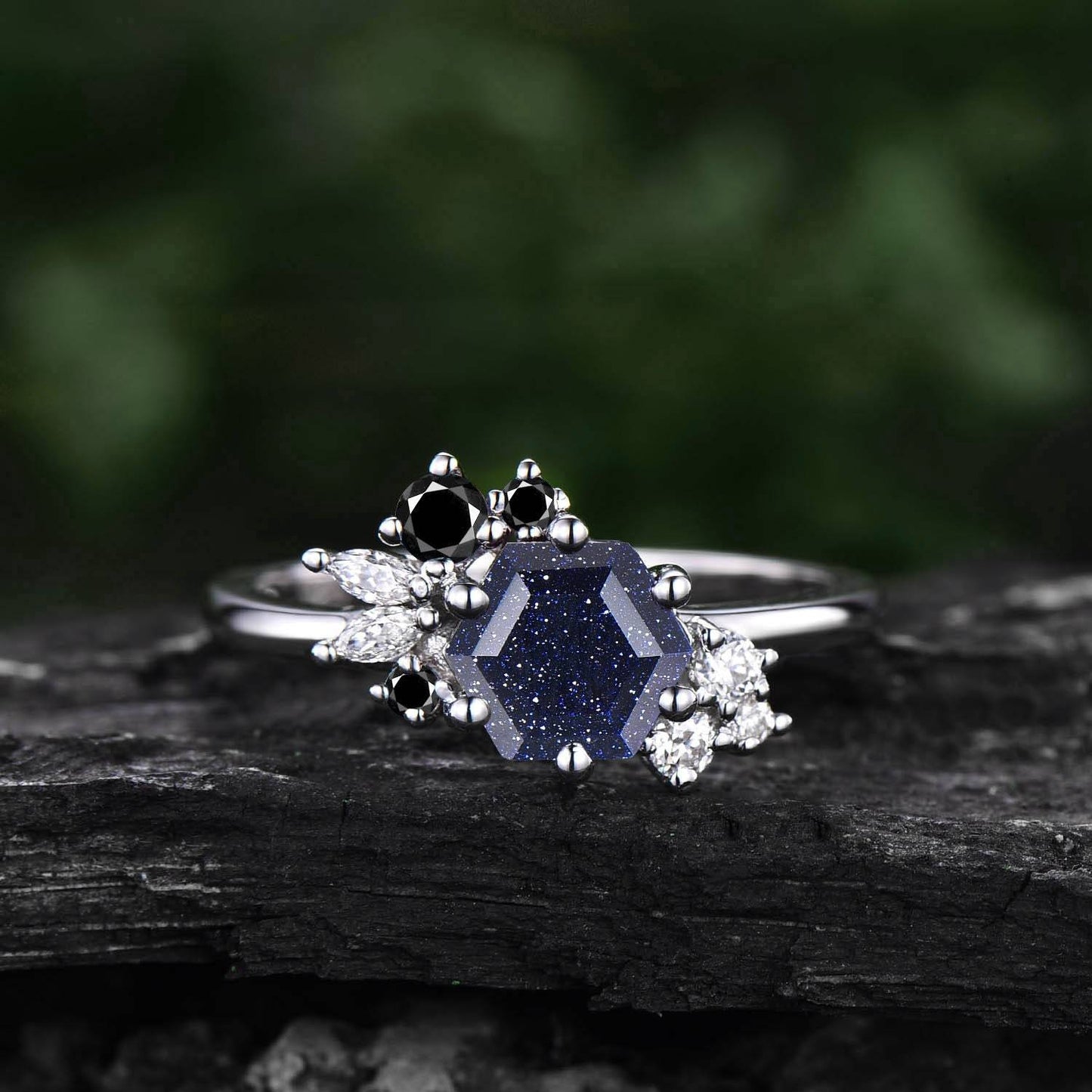 Hexagon cut blue sandstone ring gold silver for women vintage unique cluster blue sandstone engagement ring art deco moissanite wedding ring