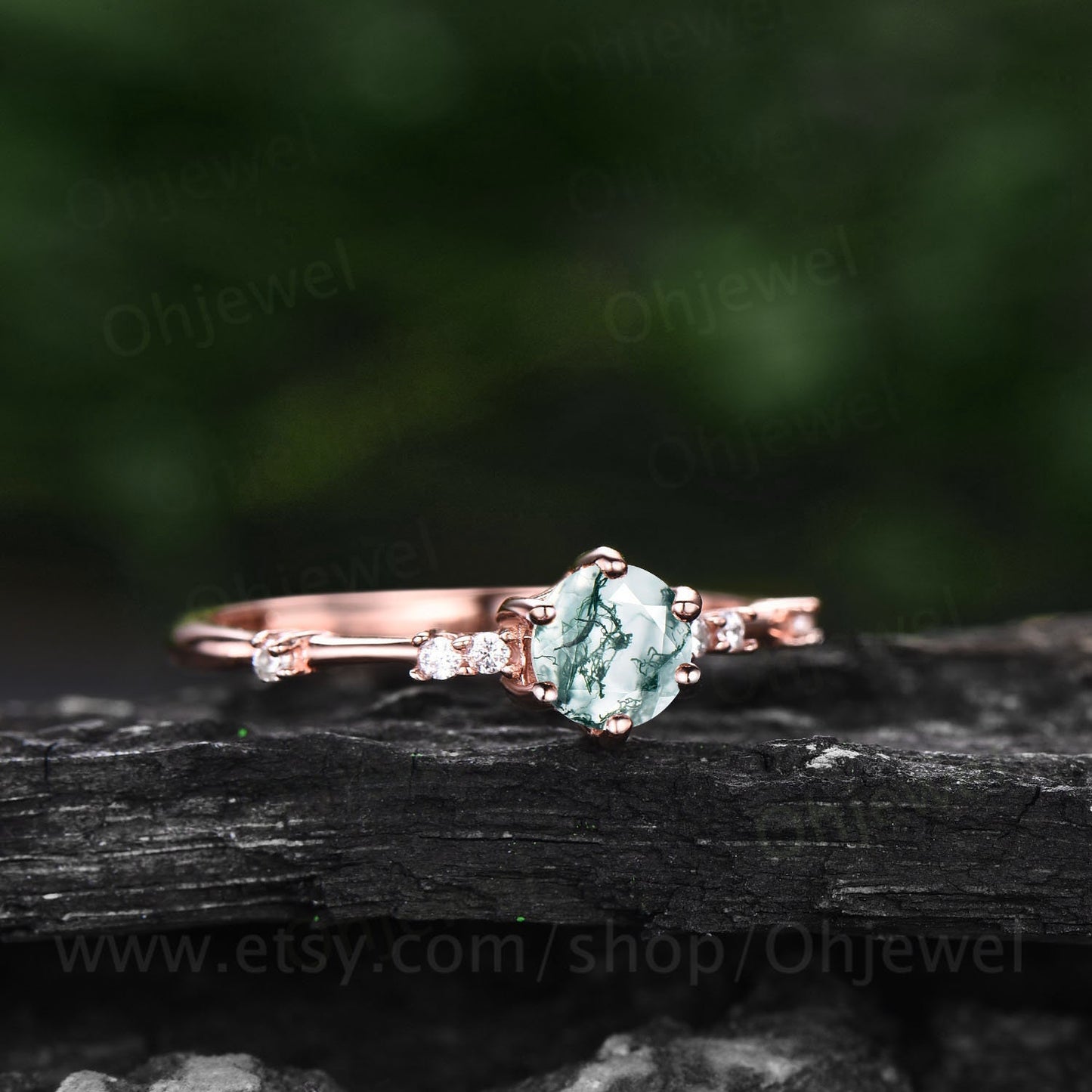 Dainty round cut moss agate ring gold vintage unique green moss agate engagement ring 14k rose gold six prong diamond wedding ring for women