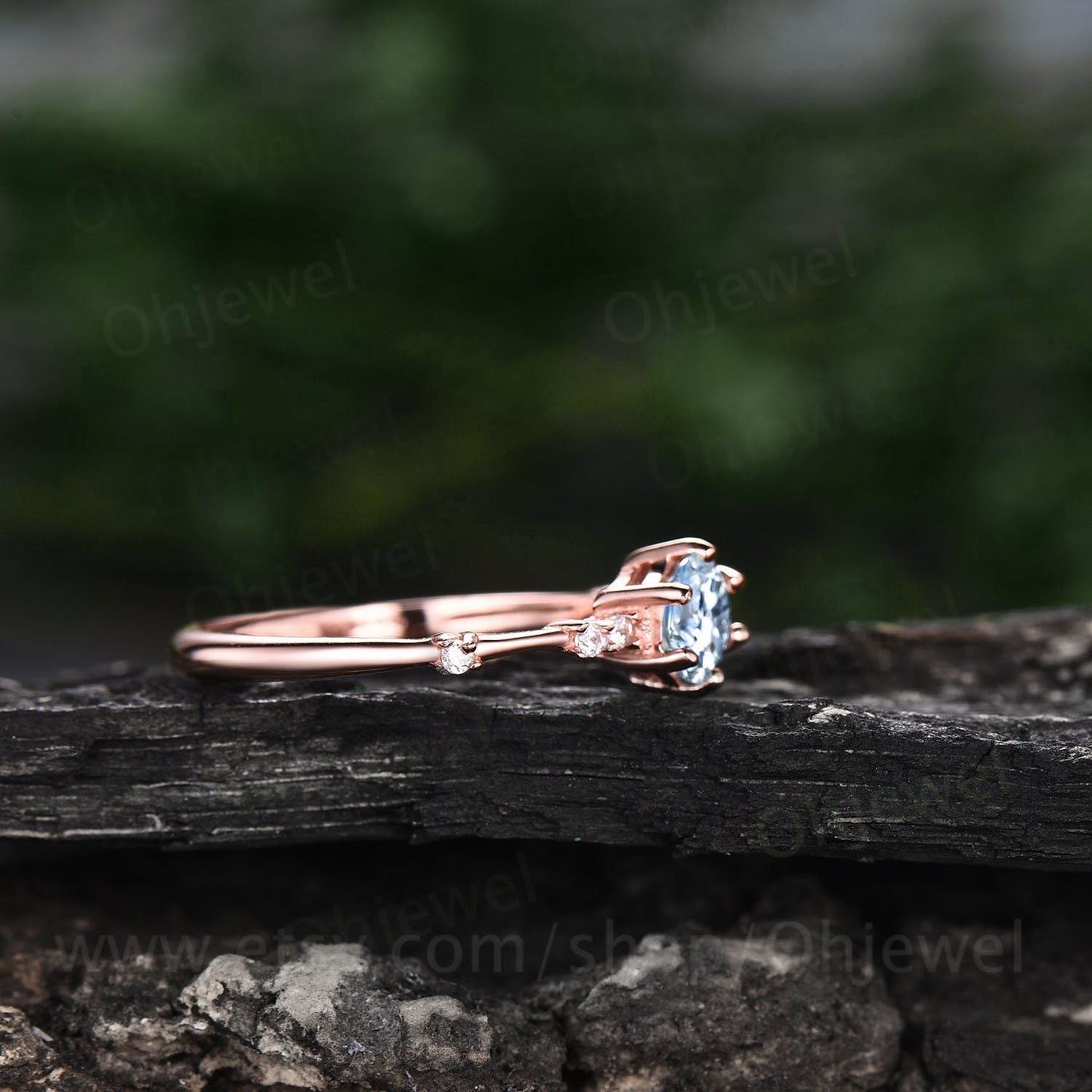 Dainty round cut aquamarine ring gold vintage unique aquamarine engagement ring rose gold six prong 7 stone diamond wedding ring for women