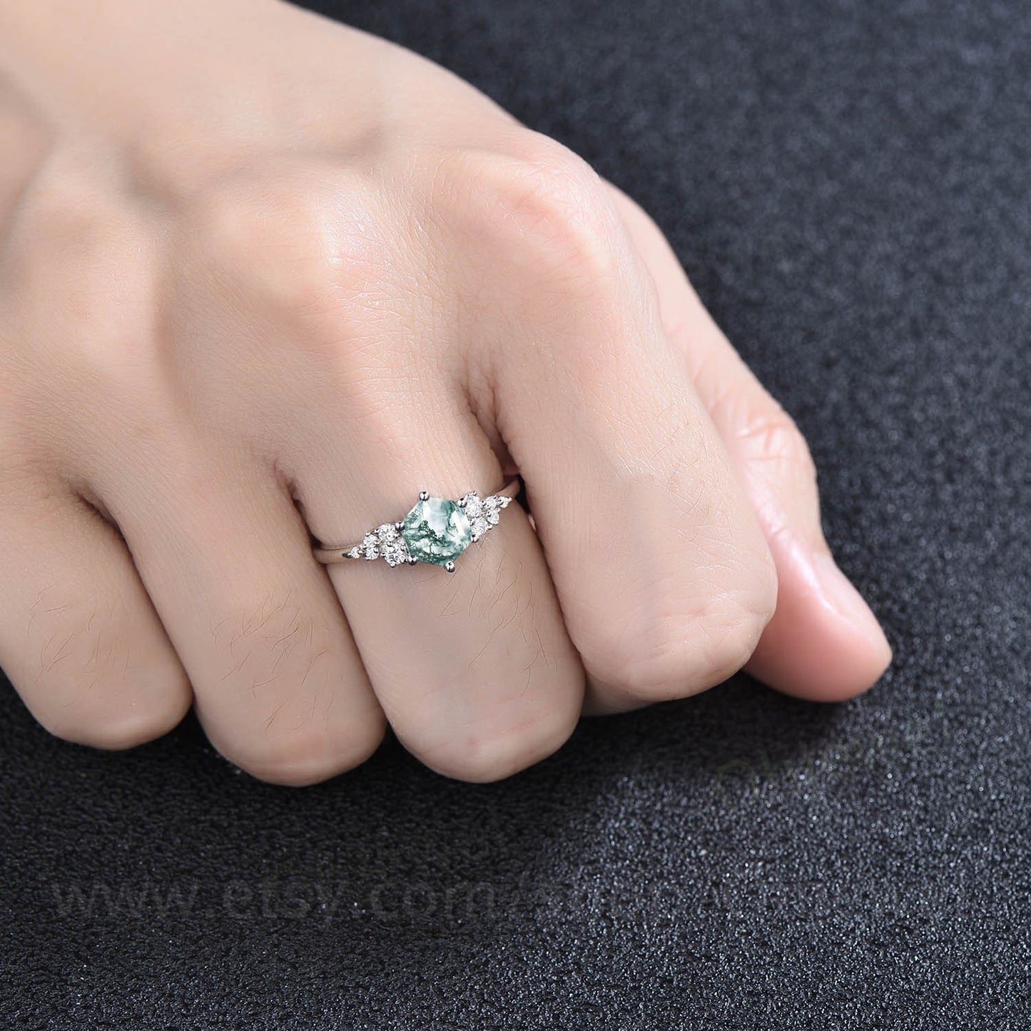 Vintage hexagon moss agate engagement ring 18k rose gold unique cluster snowdrift diamond engagement ring six prong wedding ring for women