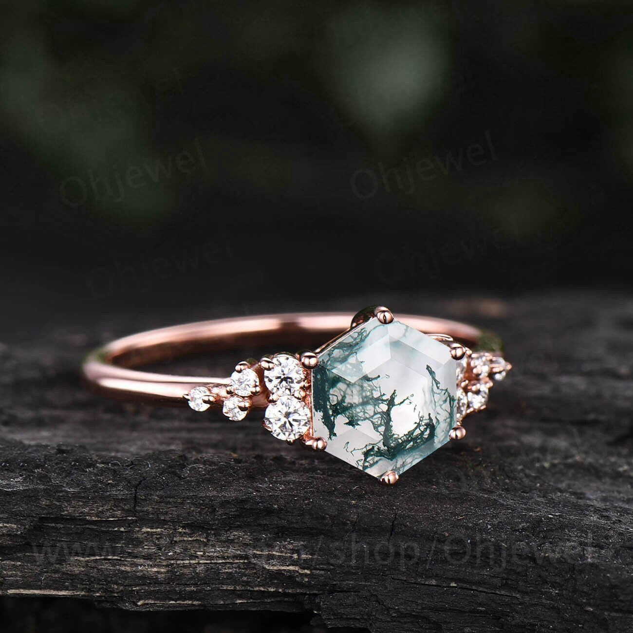 Vintage hexagon moss agate engagement ring 18k rose gold unique cluster snowdrift diamond engagement ring six prong wedding ring for women