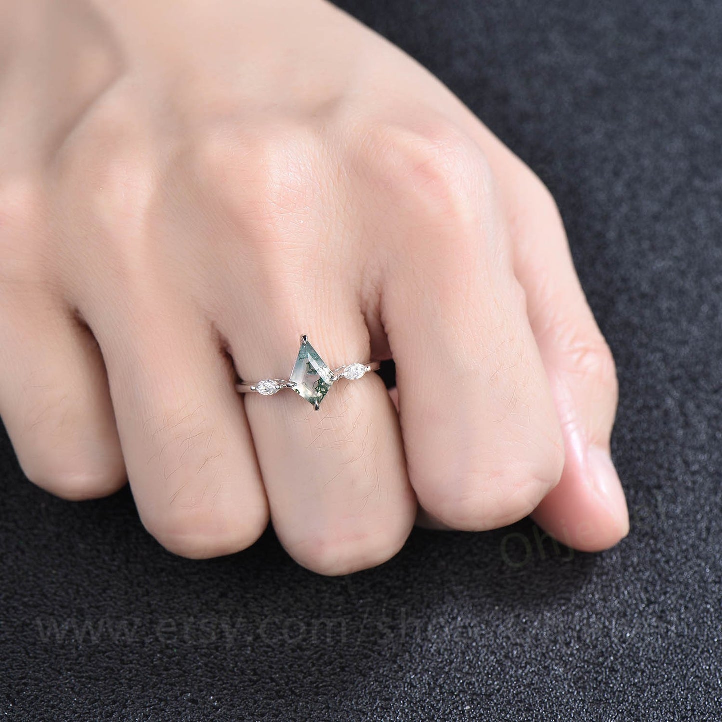 Vintage kite cut green moss agate engagement ring set rose gold three stone marquise cut moissanite ring unique wedding ring set for women