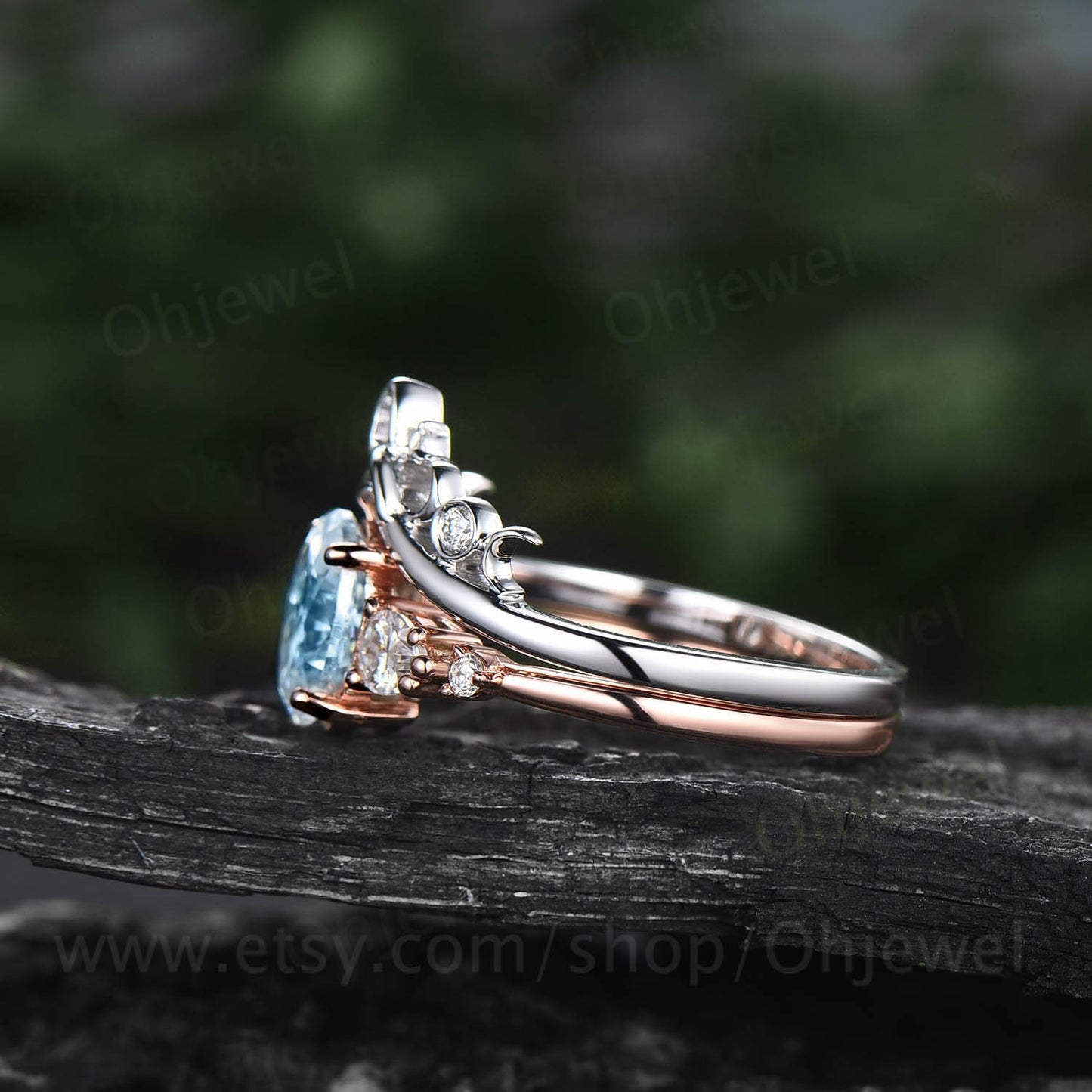 Oval cut aquamarine wedding ring set vintage unique aquamarine engagement ring set gold five stone Minimalist moissanite ring set for women