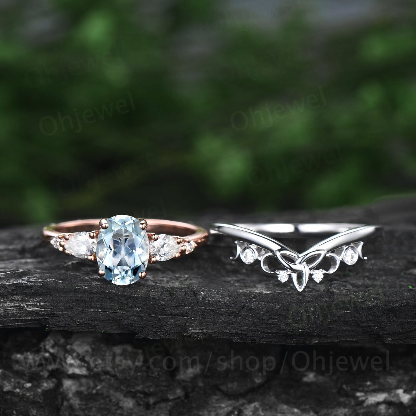 Oval cut aquamarine wedding ring set vintage unique aquamarine engagement ring set gold five stone Minimalist moissanite ring set for women