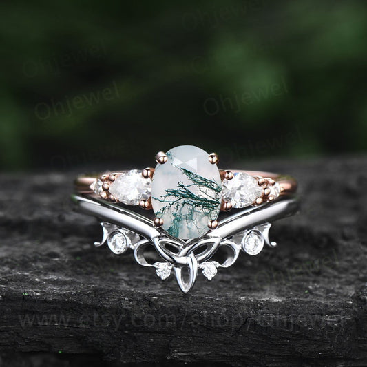 Oval green moss agate engagement ring set five stone rose gold silver vintage unique engagement ring Minimalist moissanite ring set women
