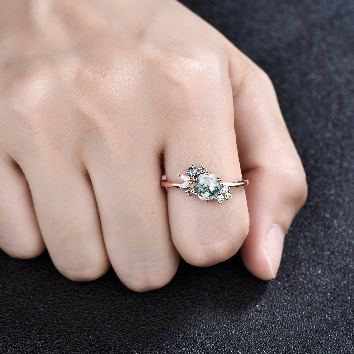 Hexagon cut moss agate ring gold silver vintage unique engagement ring cluster Alexandrite ring art deco moissanite promise ring for women