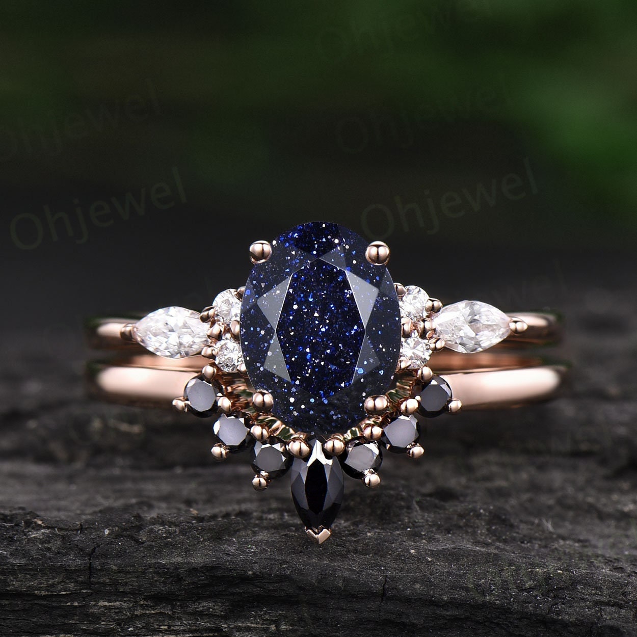 Unique oval cut blue sandstone engagement ring set 14k rose gold black diamond ring set marquise ring set stone ring bridal ring set women