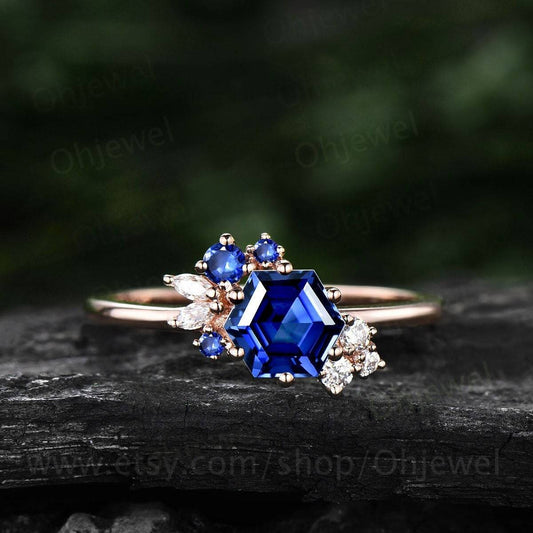 Hexagon cut natural sapphire ring gold for women vintage unique cluster sapphire engagement ring art deco moissanite anniversary ring gifts