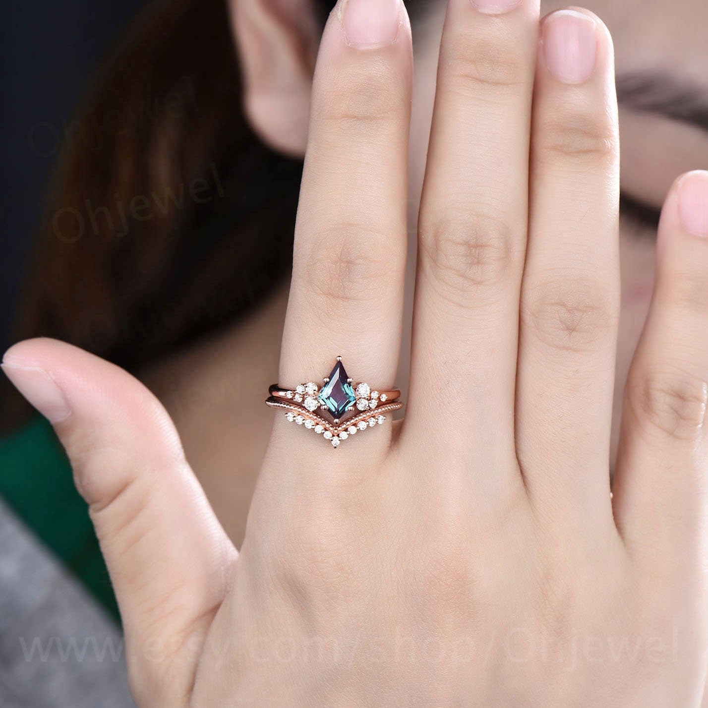 Alexandrite engagement ring set kite cut ring 14k rose gold vintage unique snowdrift engagement ring diamond bridal wedding ring for women