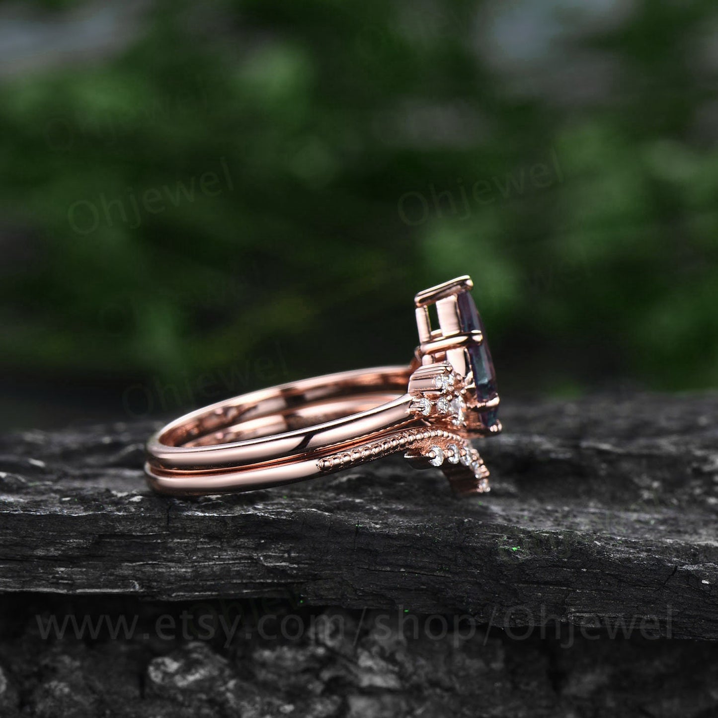 Alexandrite engagement ring set kite cut ring 14k rose gold vintage unique snowdrift engagement ring diamond bridal wedding ring for women
