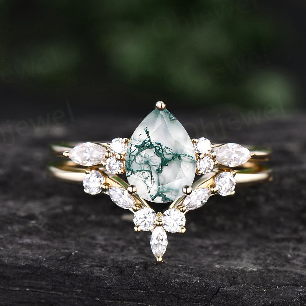 Vintage pear shaped green moss agate ring white gold engagement ring set for women marquise cut diamond ring set curved wedding ring band