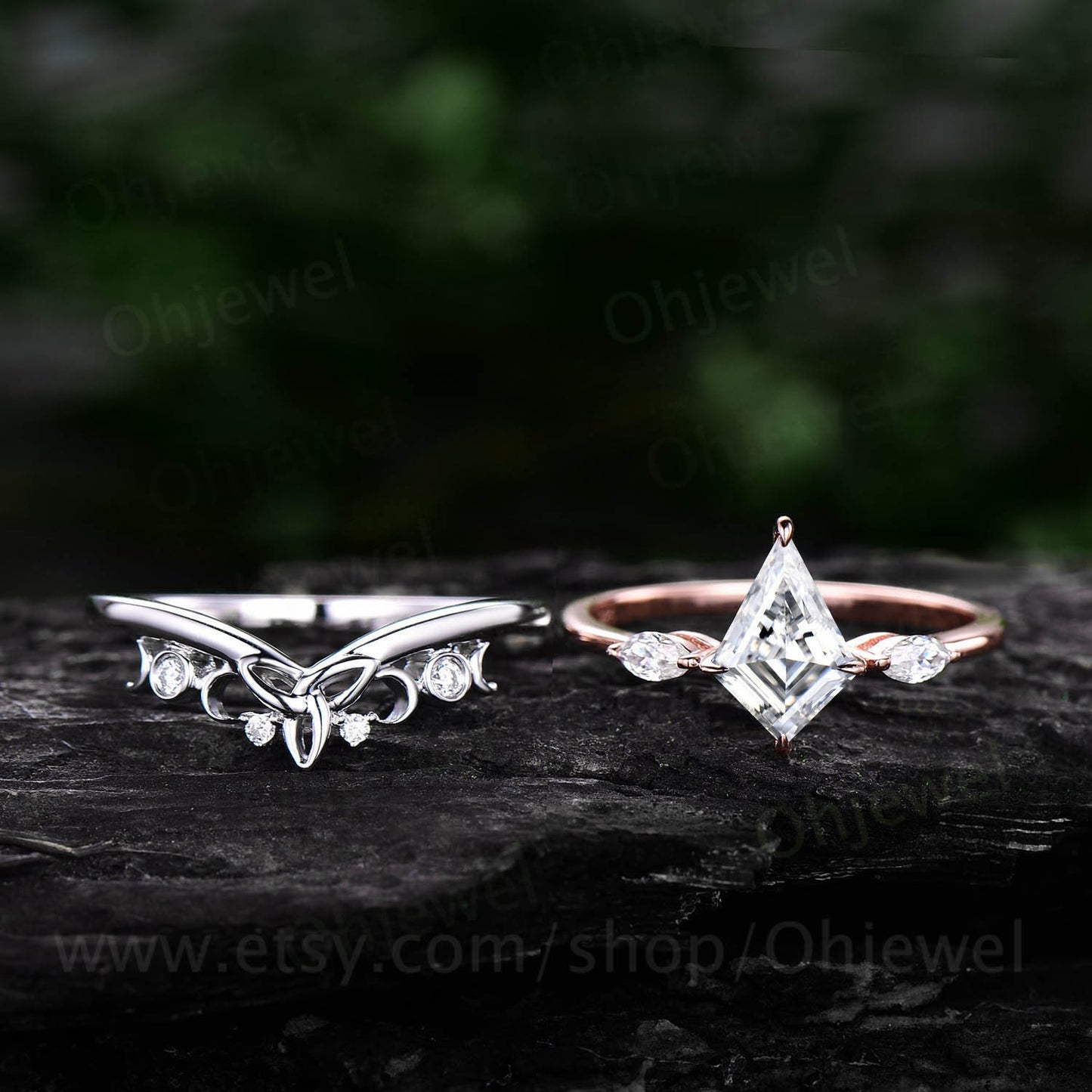 Kite cut moissanite engagement ring set 14k rose gold vintage unique three stone engagement ring marquise cut diamond wedding ring for women