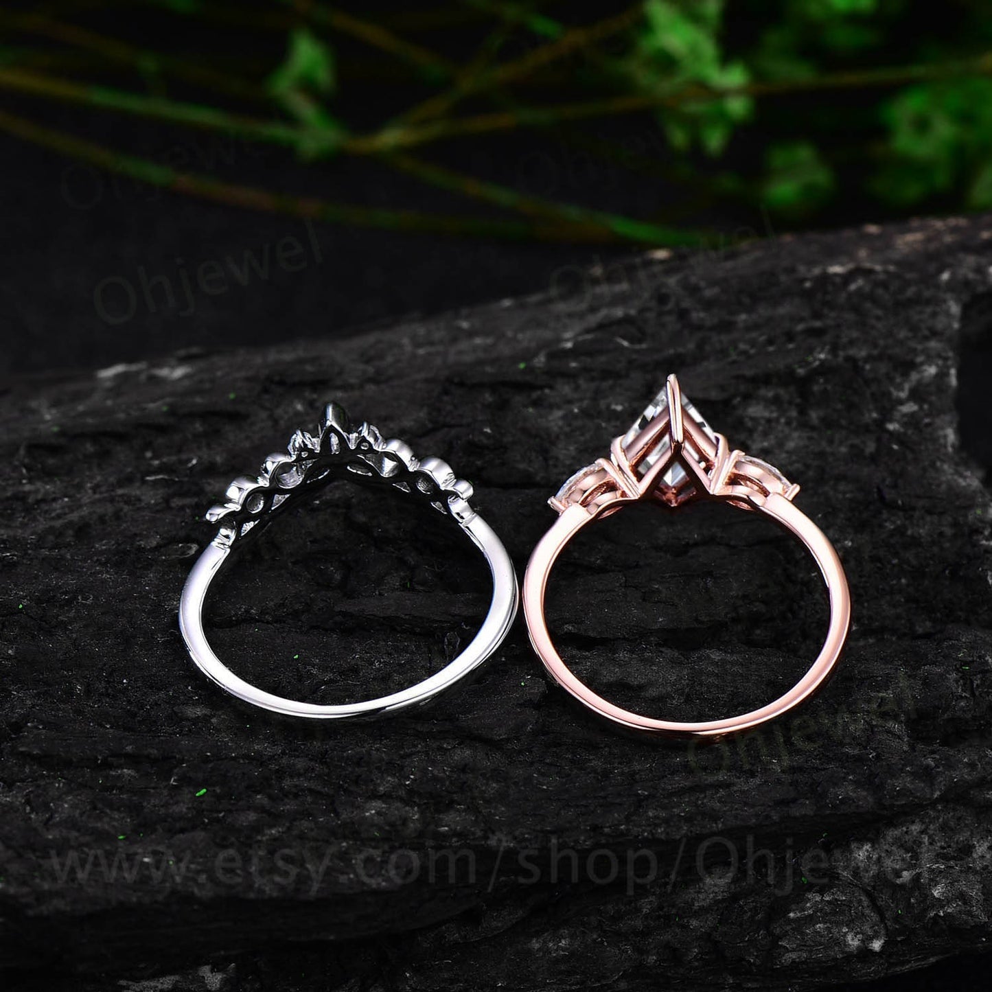 Kite cut moissanite engagement ring set 14k rose gold vintage unique three stone engagement ring marquise cut diamond wedding ring for women