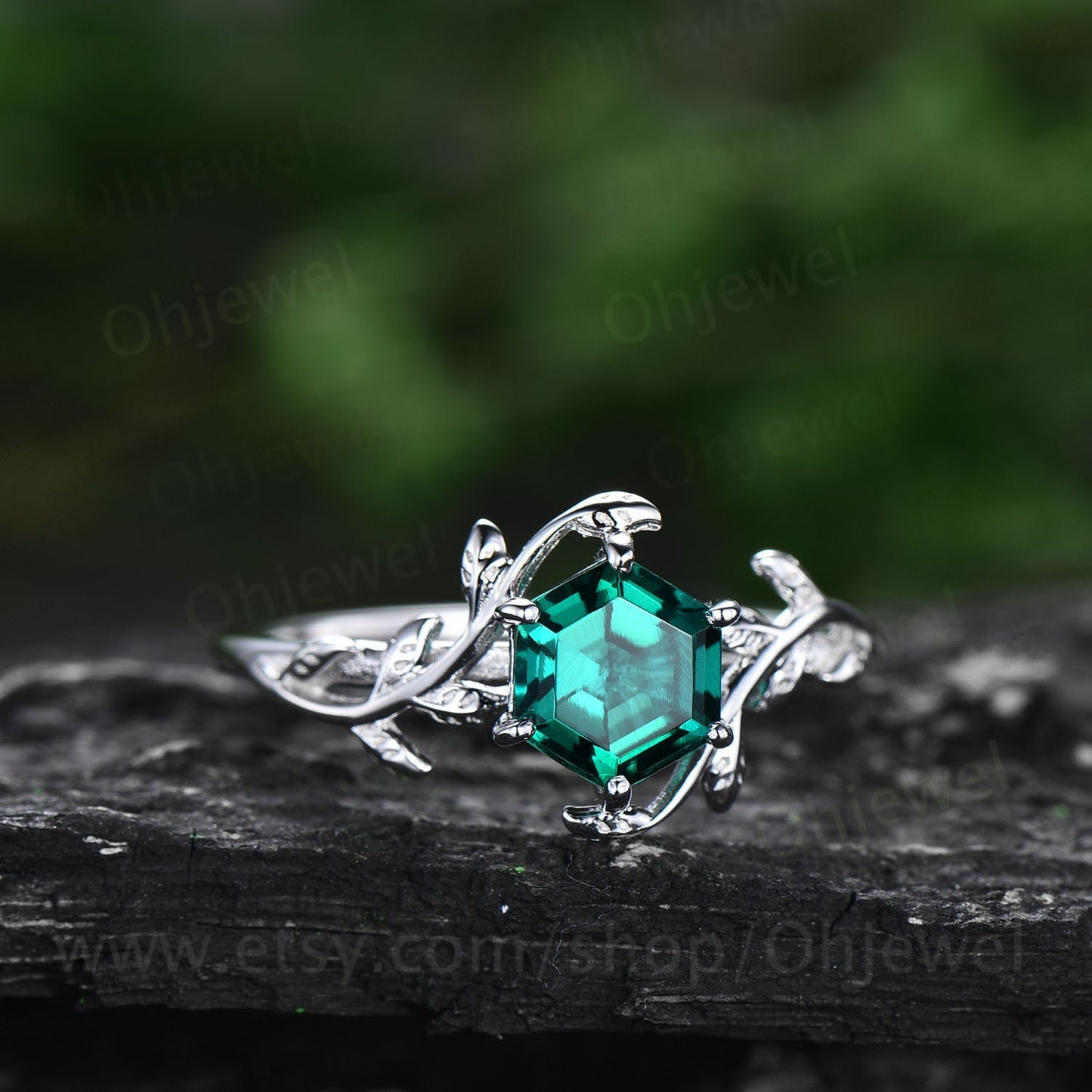 Vintage Hexagon cut emerald engagement ring leaf flower ring solitaire 14k rose gold emerald ring for women unique anniversary wedding ring