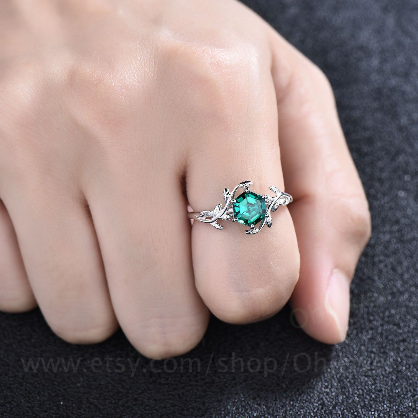 Vintage Hexagon cut emerald engagement ring leaf flower ring solitaire 14k rose gold emerald ring for women unique anniversary wedding ring