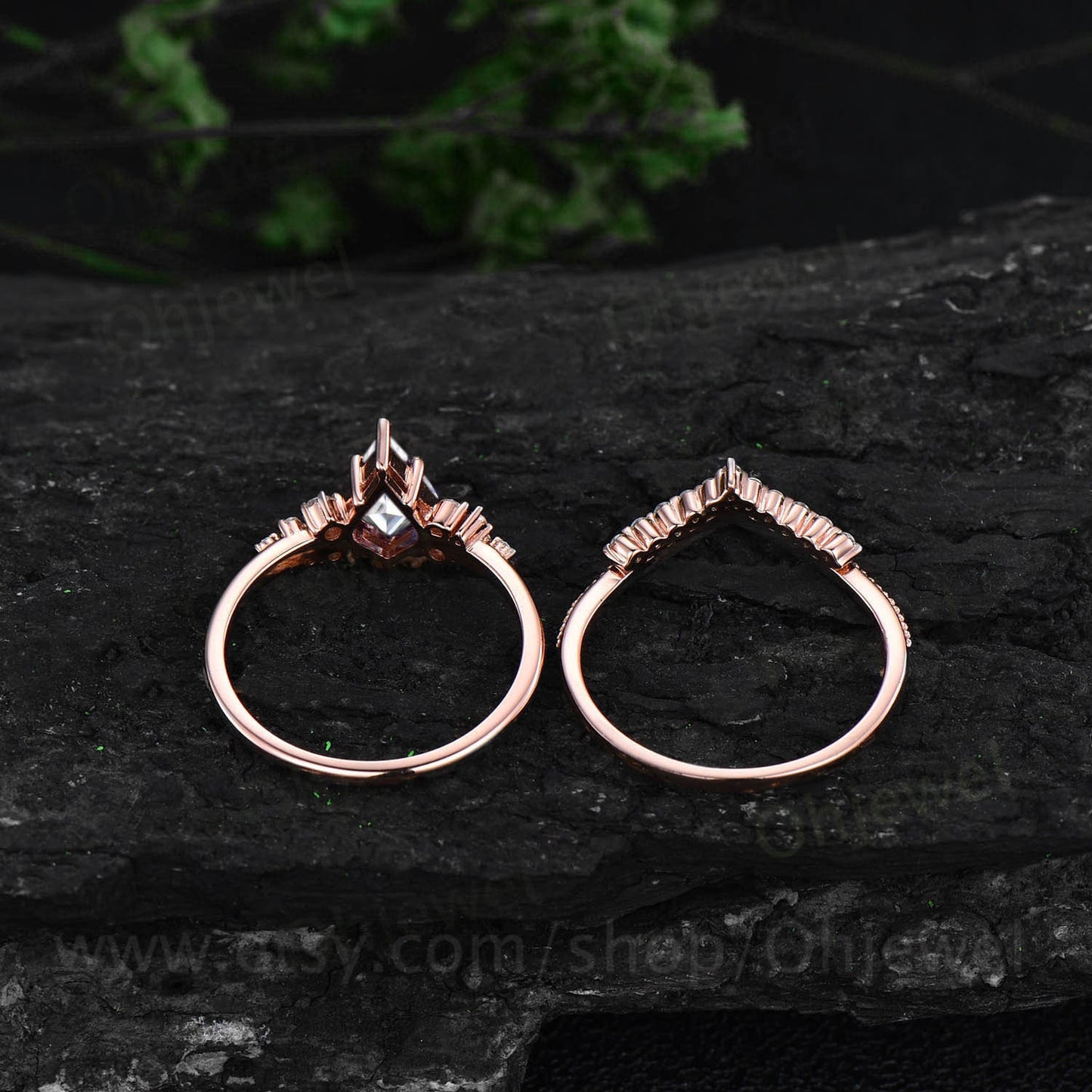 Moissanite engagement ring set kite cut ring rose gold vintage unique snowdrift engagement ring six prong diamond bridal ring set for women